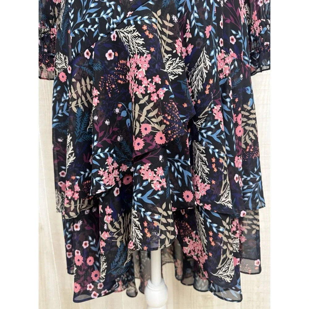 Eliza J Floral Midi Dress 8 Sheer Balloon Sleeve Ruffle Tiered Chiffon Lined